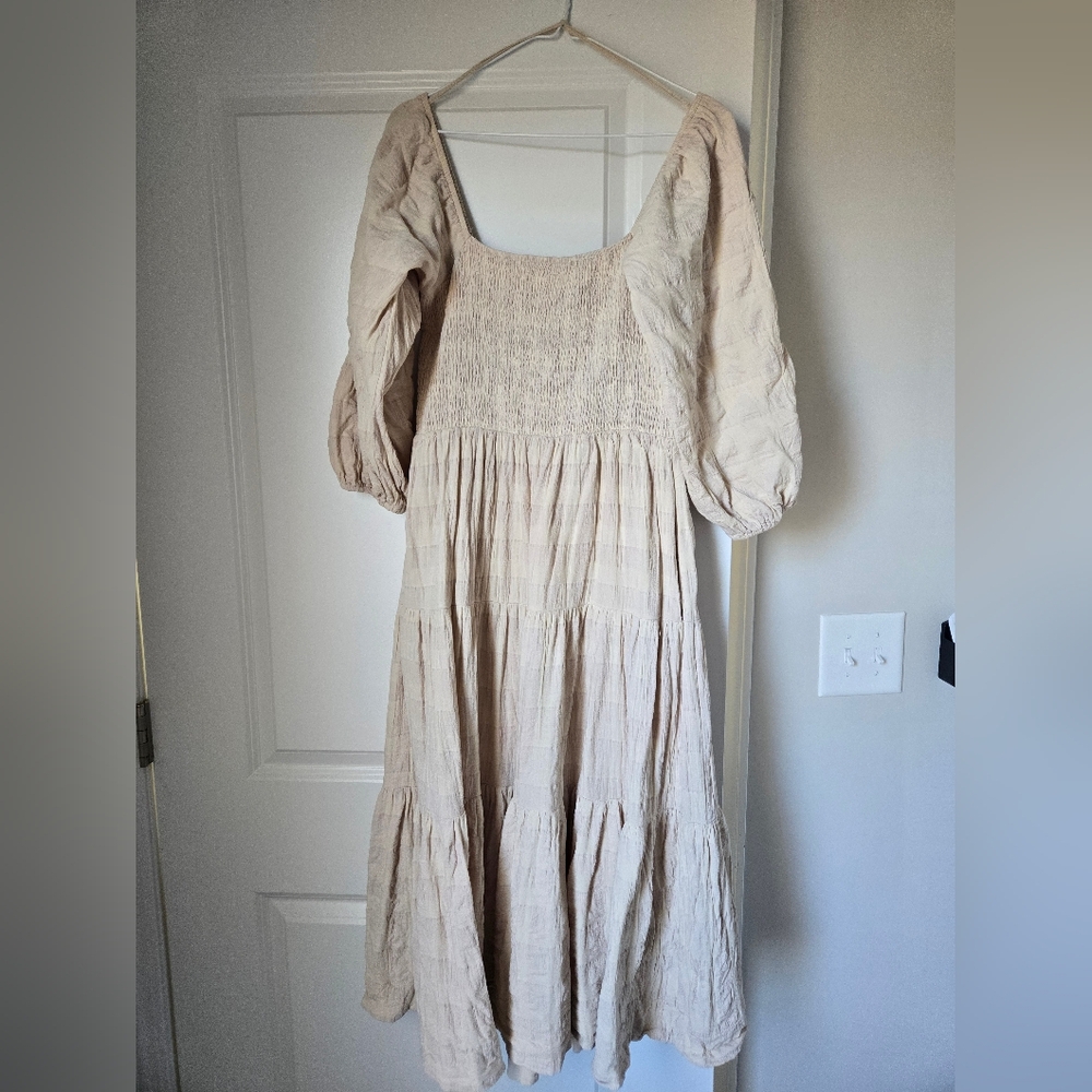 Smocked Square-Neck Midi Dress in Beige